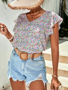 Allover Floral Print Butterfly Sleeve Blouse - Multicolor - View 3