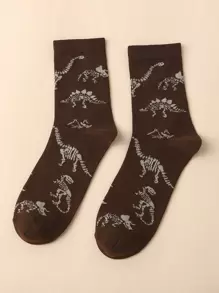 Hombres Calcetines de tripulación con patrón de dinosaurio - Marrón - Ver 1
