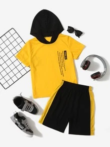 SHEIN Cậu bé Tween Đồ họa Khẩu hiệu Khối màu áo có mũ Áo thun & quần đùi - Nhiều màu - Xem 1