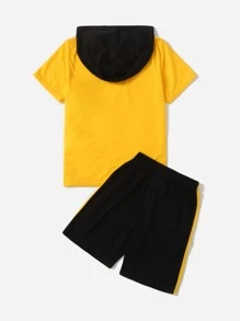 SHEIN Cậu bé Tween Đồ họa Khẩu hiệu Khối màu áo có mũ Áo thun & quần đùi - Nhiều màu - Xem 2