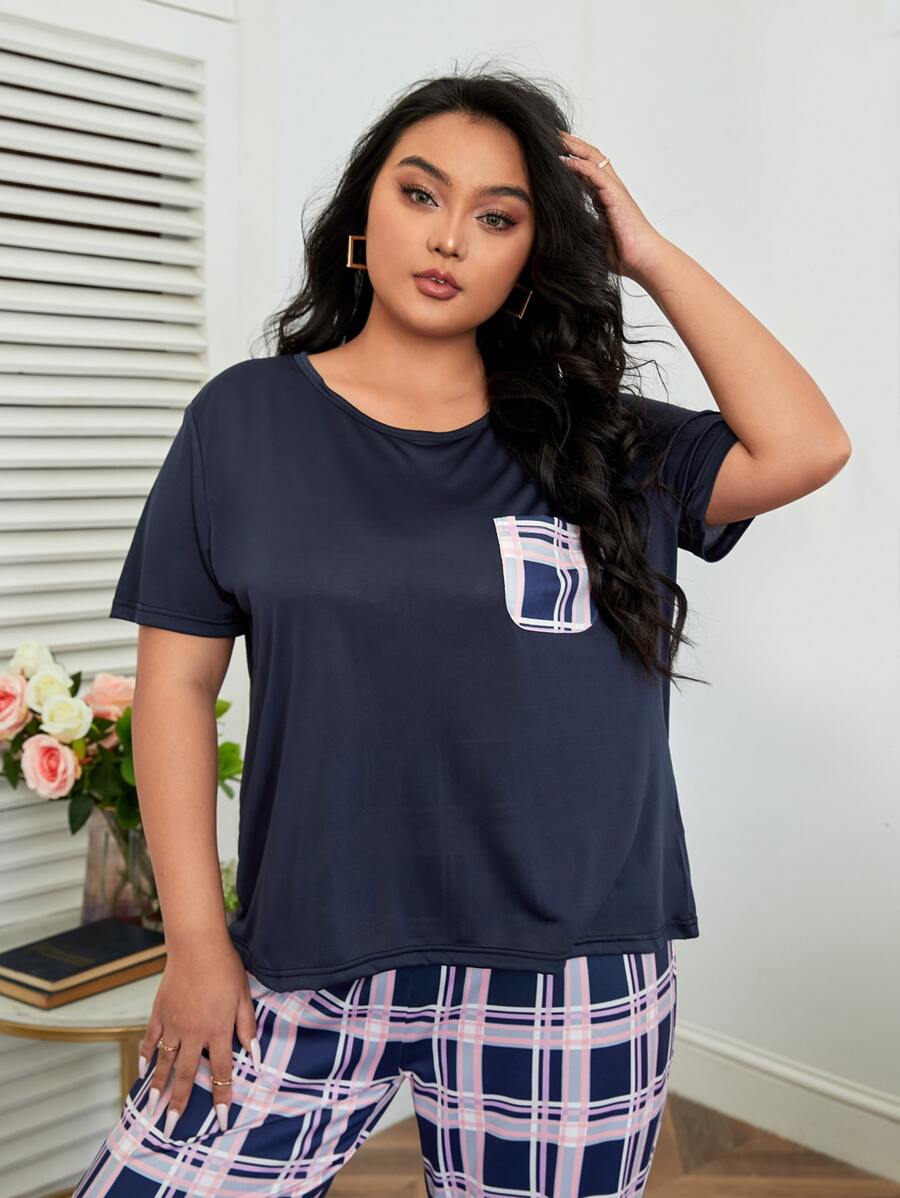 Plus Plaid Print Pocket Patched Sleep Top - Navy Blue - View 1