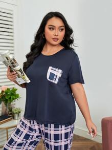 Plus Plaid Print Pocket Patched Sleep Top - Navy Blue - View 3