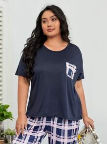 Plus Plaid Print Pocket Patched Sleep Top - Navy Blue - View 5
