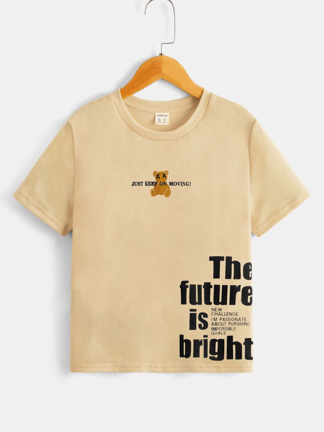 SHEIN Tops con trai Hoạt hình Slogan Giải trí - Màu Khaki - Xem 1