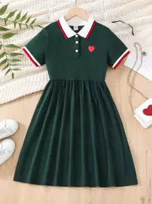 Girls Contrast Collar Heart Print Dress - Dark Green - View 1