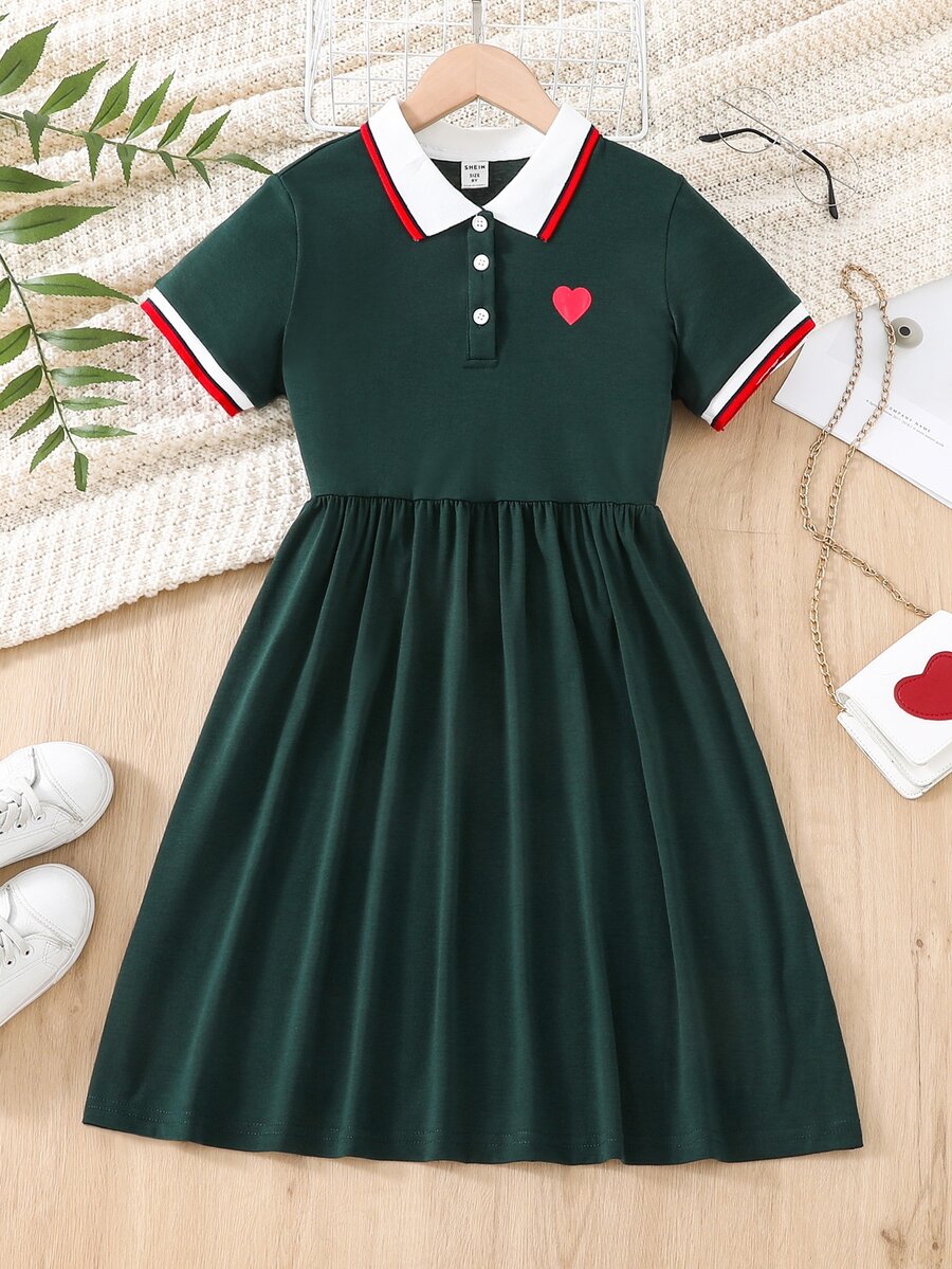 Girls Contrast Collar Heart Print Dress - Dark Green - View 1