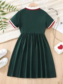 Girls Contrast Collar Heart Print Dress - Dark Green - View 2