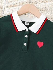 Girls Contrast Collar Heart Print Dress - Dark Green - View 3