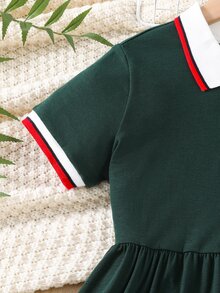 Girls Contrast Collar Heart Print Dress - Dark Green - View 4