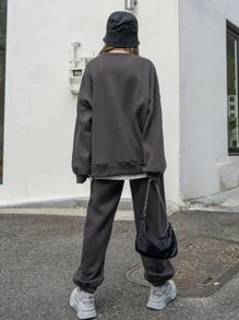 DAZY 字母圖案下垂肩運動衫&運動長褲,不帶t恤 - 深灰色 - 查看 2