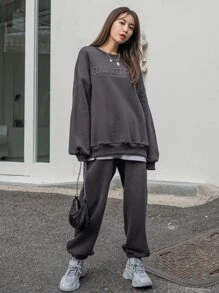 DAZY 字母圖案下垂肩運動衫&運動長褲,不帶t恤 - 深灰色 - 查看 3