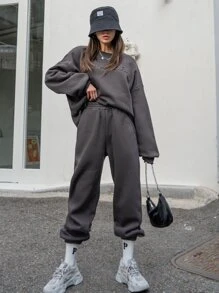 DAZY 字母圖案下垂肩運動衫&運動長褲,不帶t恤 - 深灰色 - 查看 4