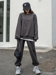 DAZY 字母圖案下垂肩運動衫&運動長褲,不帶t恤 - 深灰色 - 查看 5