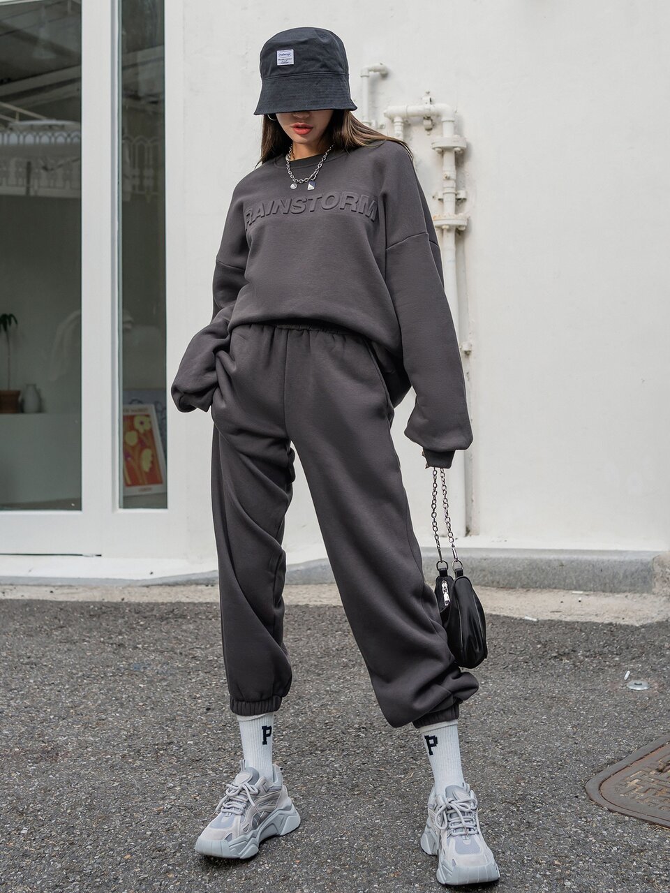 Letter Graphic Drop Shoulder Sweatshirt & Sweatpants Without Tee