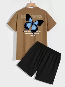 ROMWE MEN Guys Butterfly Slogan Graphic Tee & Track Shorts - Multicolor - View 1