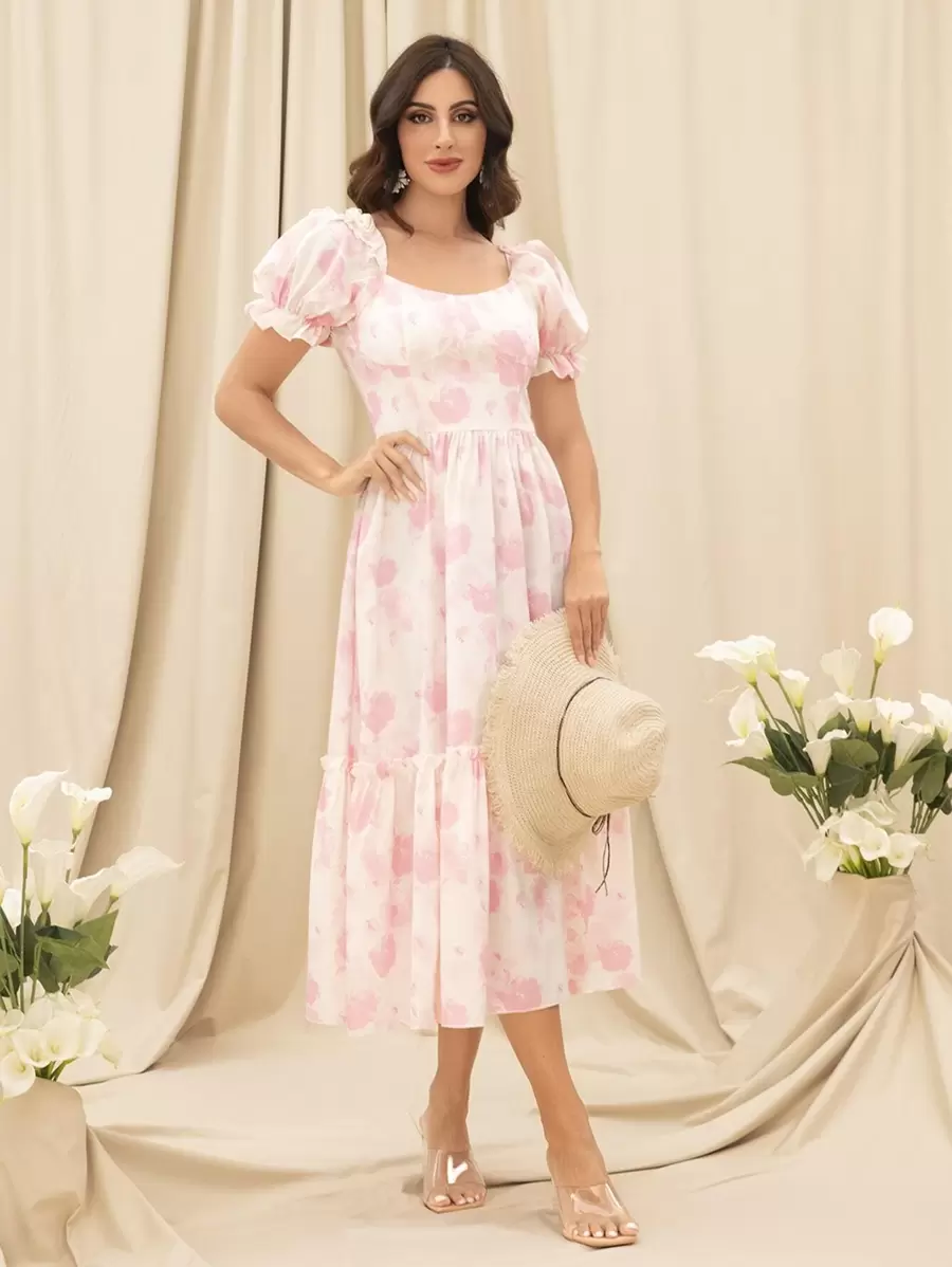 Random Floral Print Puff Sleeve Ruffle Hem Bustier Dress Shein Usa