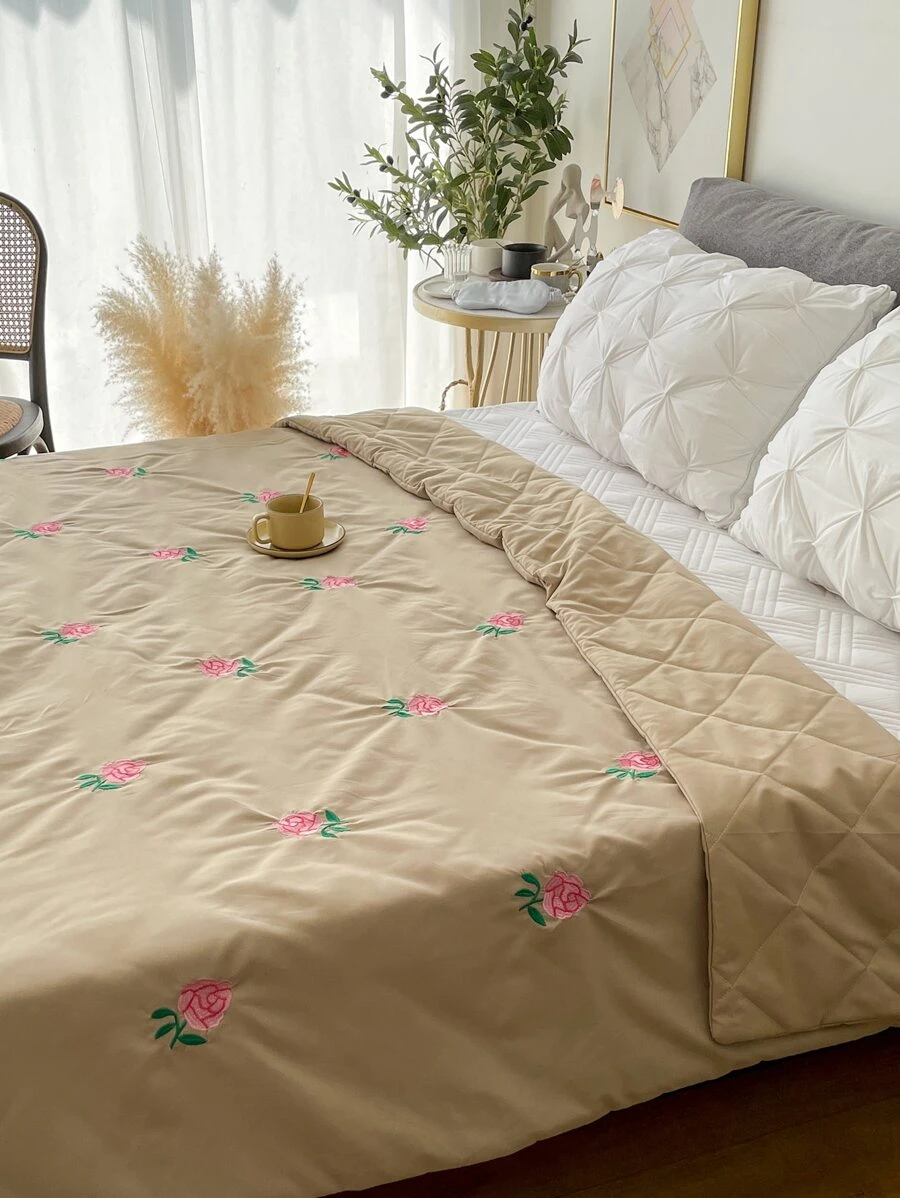 花卉刺繡衍縫床單 - 卡其色 - 查看 1