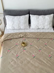 花卉刺繡衍縫床單 - 卡其色 - 查看 6