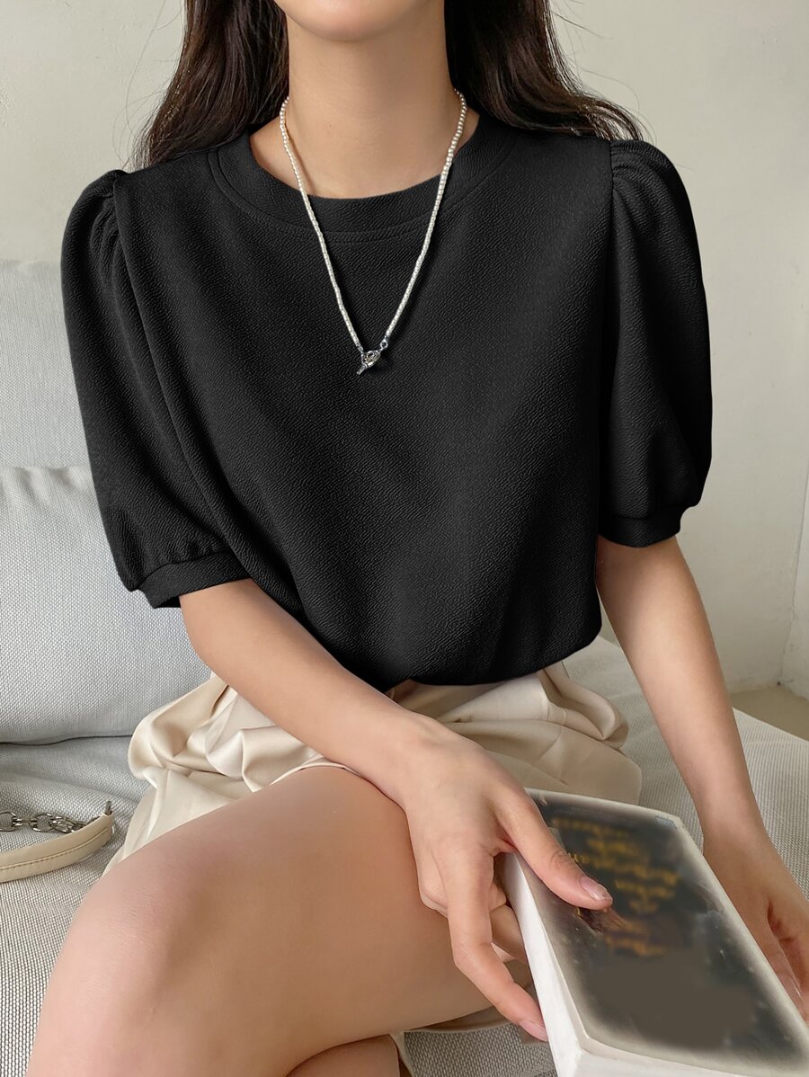 DAZY 純色泡泡袖襯衫 - 黑色 - 查看 1