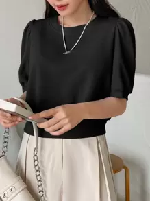 DAZY 純色泡泡袖襯衫 - 黑色 - 查看 3