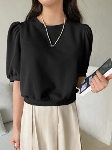 DAZY 純色泡泡袖襯衫 - 黑色 - 查看 4