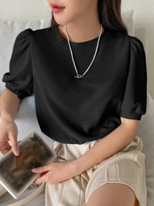 DAZY 純色泡泡袖襯衫 - 黑色 - 查看 5