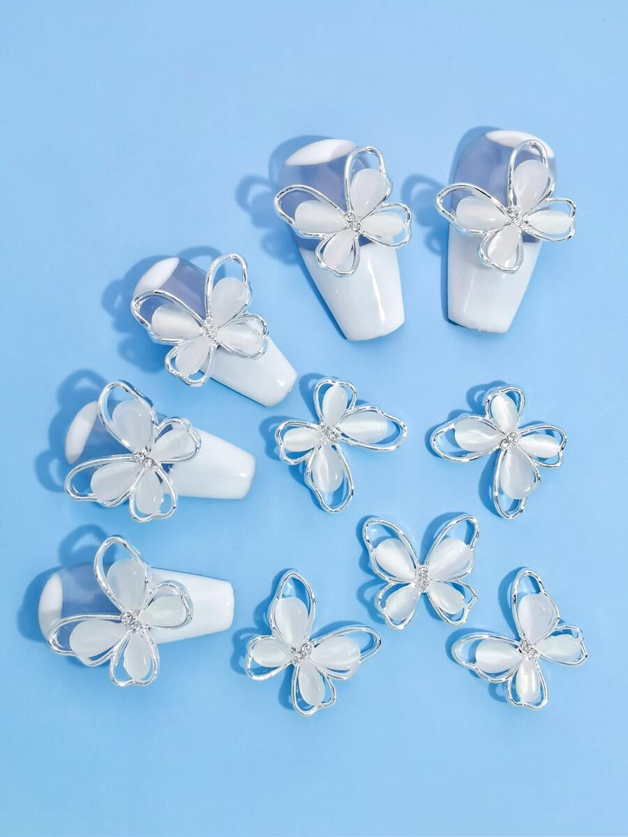 10 miếng trang trí móng tay hình con bướm có đính đá mắt mèo - Bạc - Xem 1