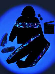 SHEIN Leap Crew Boys Reflective Splash Print Hooded Neck Sweatshirt & Joggers - Black - View 1