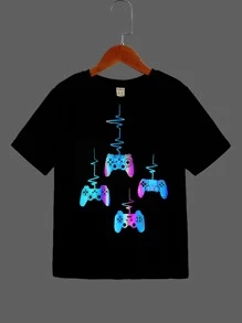 SHEIN Boys Reflective Gamepad Print Tee - Black - View 1