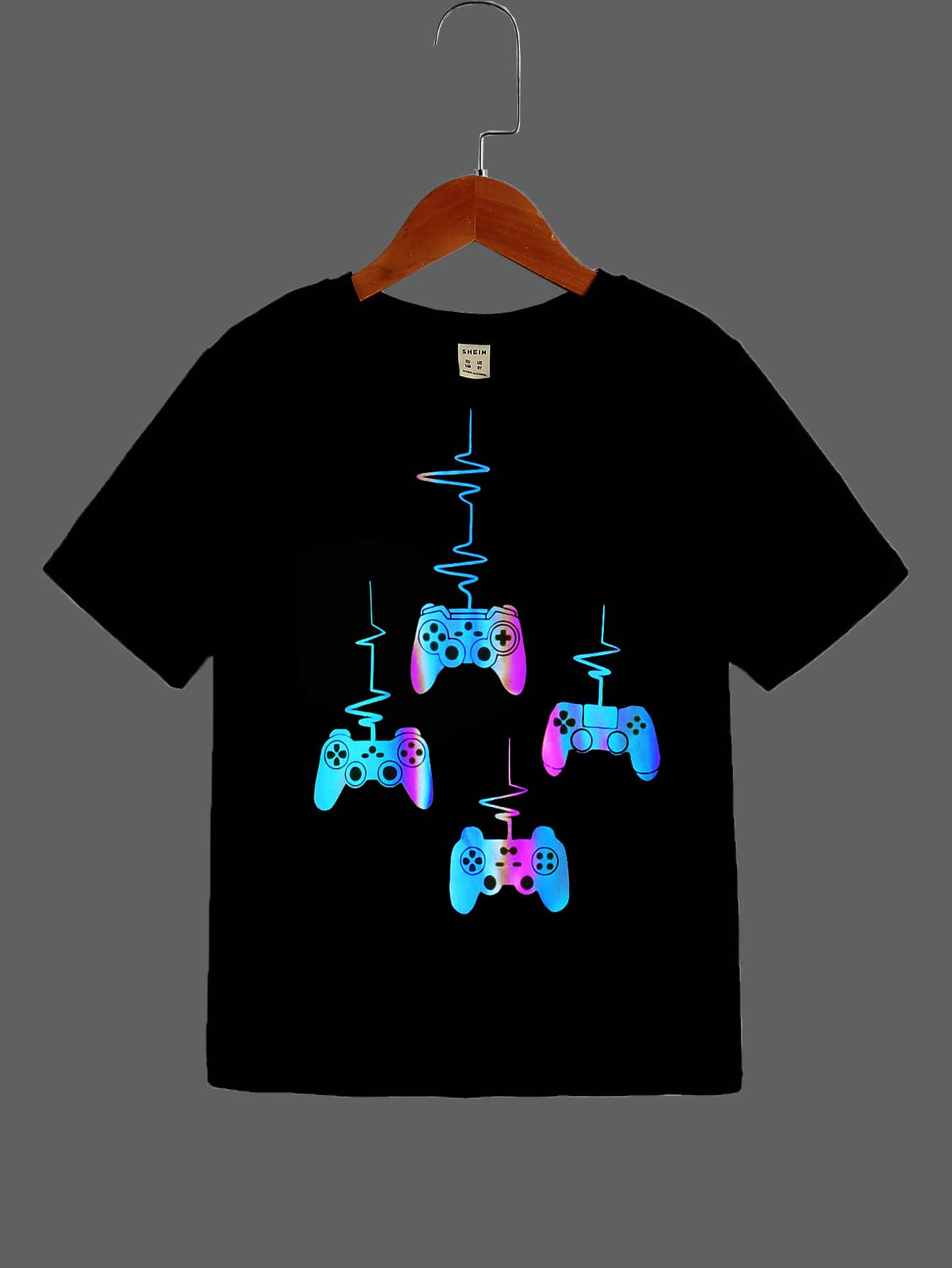 SHEIN Boys Reflective Gamepad Print Tee - Black - View 1