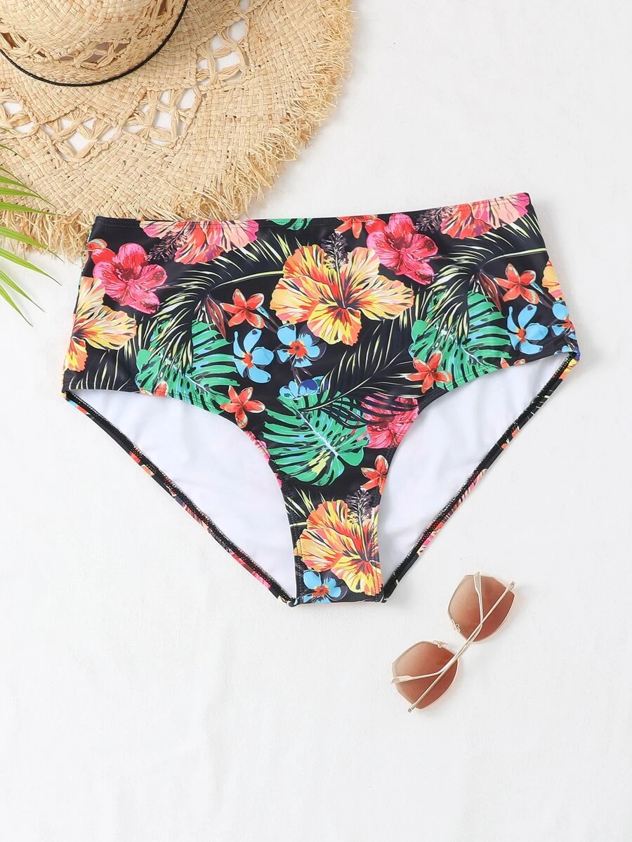 Swim Lushoire Summer Beach Plus Tropical Print High Waist Bikini Bottom - Multicolor - View 1