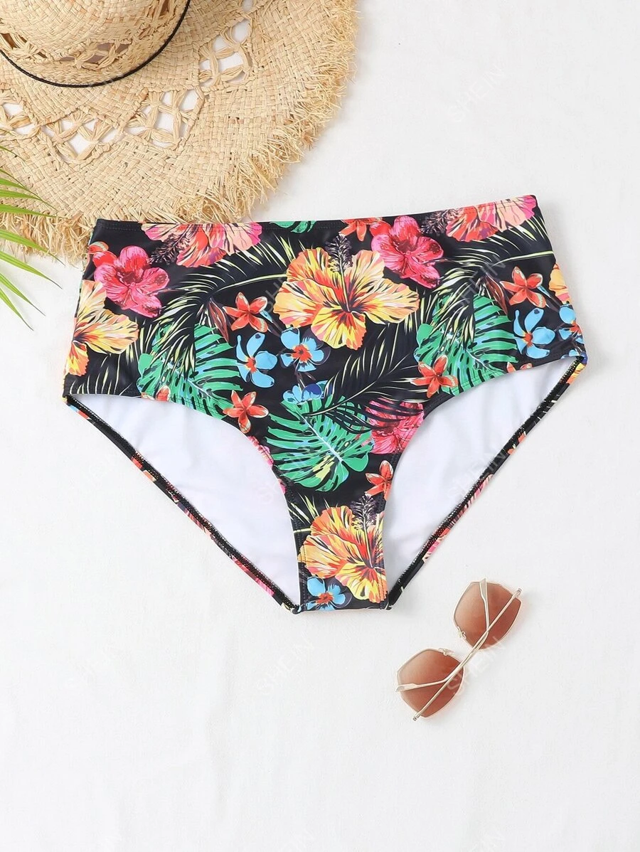 Swim Lushoire Plus fund de bikini cu talie înaltă cu imprimeu tropical - Multicolor - Vizualizare 1