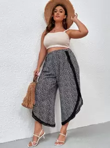 Plus Plant Print Guipure Lace Panel Wrap Wide Leg Trousers - Black and White - View 5