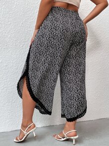 Plus Plant Print Guipure Lace Panel Wrap Wide Leg Trousers - Black and White - View 2