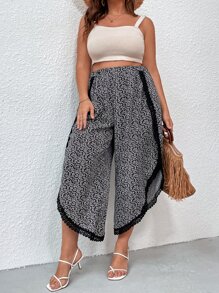 Plus Plant Print Guipure Lace Panel Wrap Wide Leg Trousers - Black and White - View 1