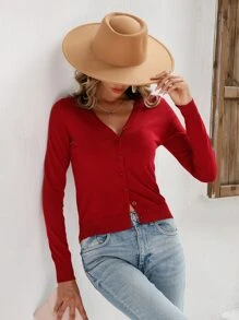 SHEIN LUNE Solid Button Front Cardigan,Long Sleeve Tops,Knitted Sweater In Fall/Winter - Red - View 5
