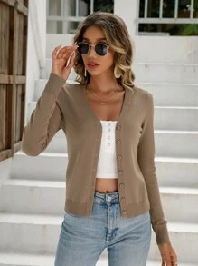 SHEIN LUNE Solid Button Front Cardigan - Army Green - View 3