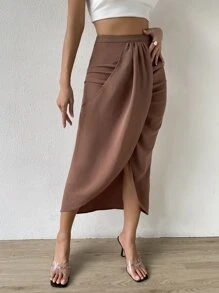 SHEIN Unity 高腰褶邊圍裹下擺半身裙 - 咖啡棕 - 查看 1