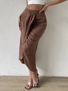 SHEIN Unity 高腰褶邊圍裹下擺半身裙 - 咖啡棕 - 查看 4