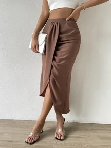 SHEIN Unity 高腰褶邊圍裹下擺半身裙 - 咖啡棕 - 查看 5
