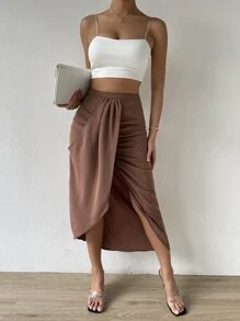 SHEIN Unity 高腰褶邊圍裹下擺半身裙 - 咖啡棕 - 查看 6