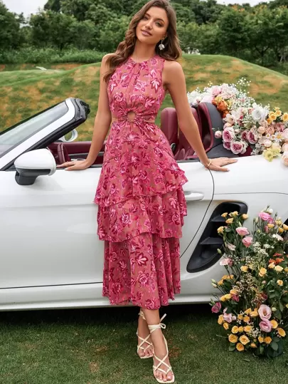 Aveloria Rosie Random Floral Print Ring Linked Cut Out Layered Hem Chiffon Dress Vacation Outfits Woman 