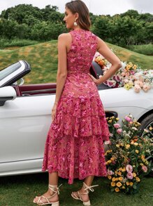 Frievida Váy voan họa tiết hoa ngẫu nhiên viền cắt rời nhiều lớp trang phục đi nghỉ cho nữ - Nhiều màu - Xem 2