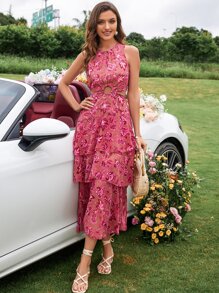 Frievida Váy voan họa tiết hoa ngẫu nhiên viền cắt rời nhiều lớp trang phục đi nghỉ cho nữ - Nhiều màu - Xem 4