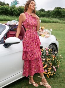 Frievida Váy voan họa tiết hoa ngẫu nhiên viền cắt rời nhiều lớp trang phục đi nghỉ cho nữ - Nhiều màu - Xem 5