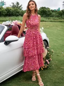 Frievida Váy voan họa tiết hoa ngẫu nhiên viền cắt rời nhiều lớp trang phục đi nghỉ cho nữ - Nhiều màu - Xem 6