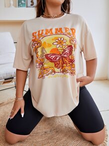 Flirla Camiseta de manga caída con estampa de mariposa y letra para tallas grandes para el verano - Albaricoque - Ver 1