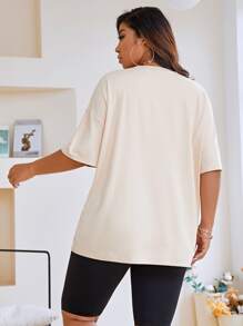 Flirla Camiseta de manga caída con estampa de mariposa y letra para tallas grandes para el verano - Albaricoque - Ver 2