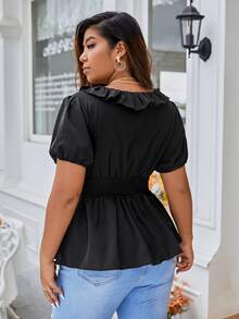 SHEIN Unity Plus Ruffle Trim Puff Sleeve Shirred Peplum Blouse - Black - View 3