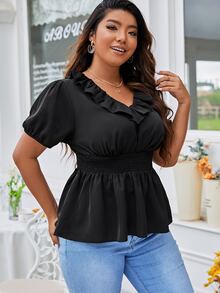 SHEIN Unity Plus Ruffle Trim Puff Sleeve Shirred Peplum Blouse - Black - View 6